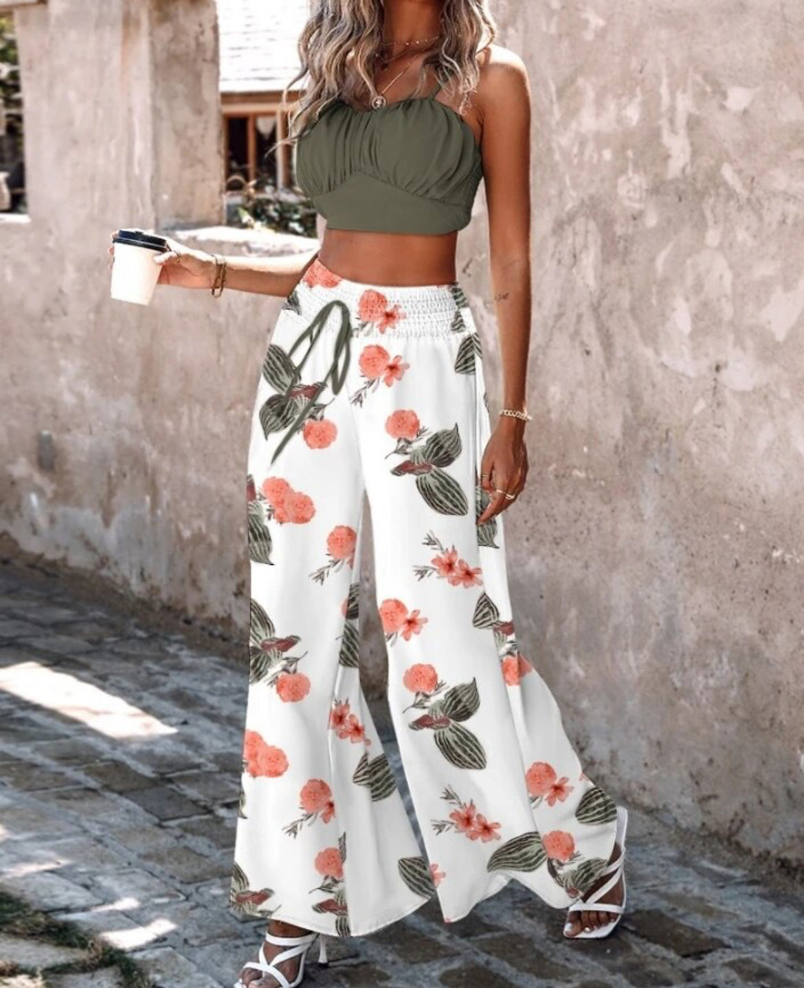 Shirred Cami Top & Tropical Printed Wide Leg Pants Set