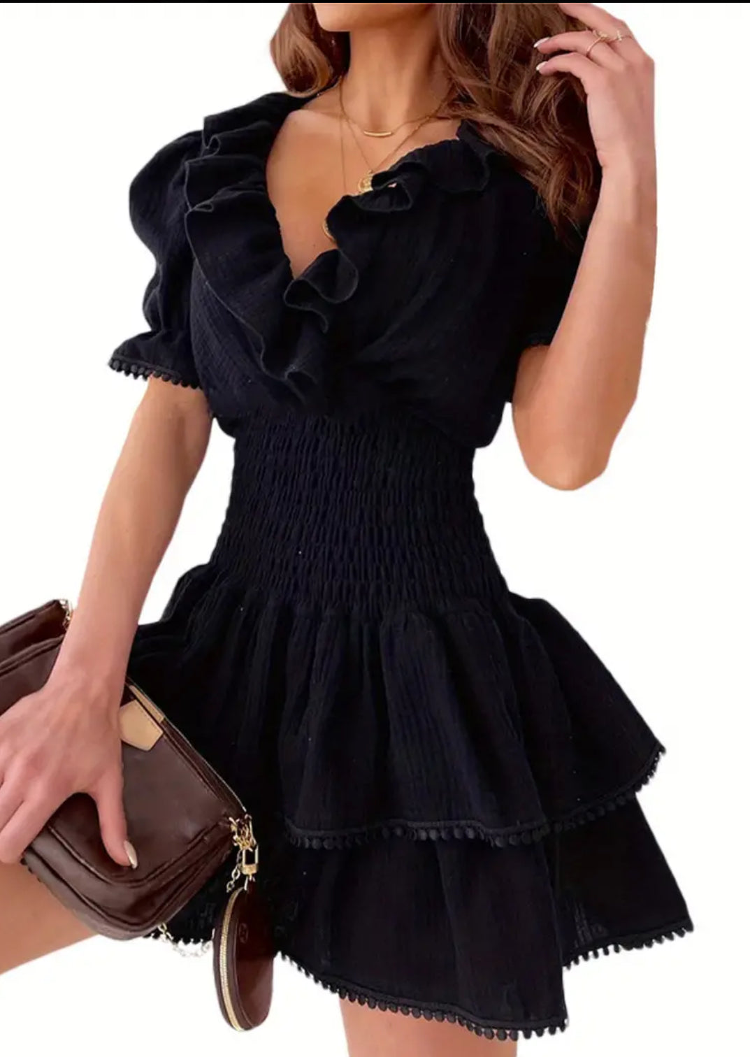 “A bit Country” Shirred High Waist, Warp V Neck, Short Puff Sleeve, Ruffle Mini Dress