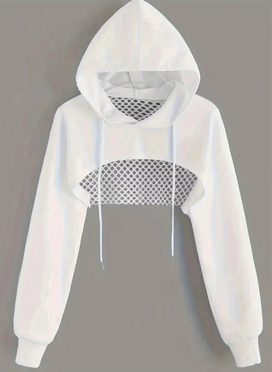 Soft Slight Stretch Contrast Mesh Details, Pullover Long Sleeve Hooded Crop Sweatshirt, Women’s/ Teens