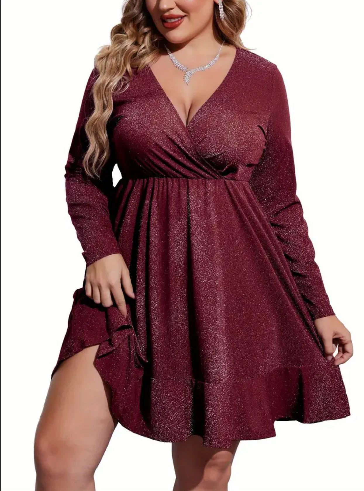 ELESOL  Plus Size Womens Glitter Dress V Neck Long Sleeve Ruffle Hem Swing Club Cocktail Party Dresses