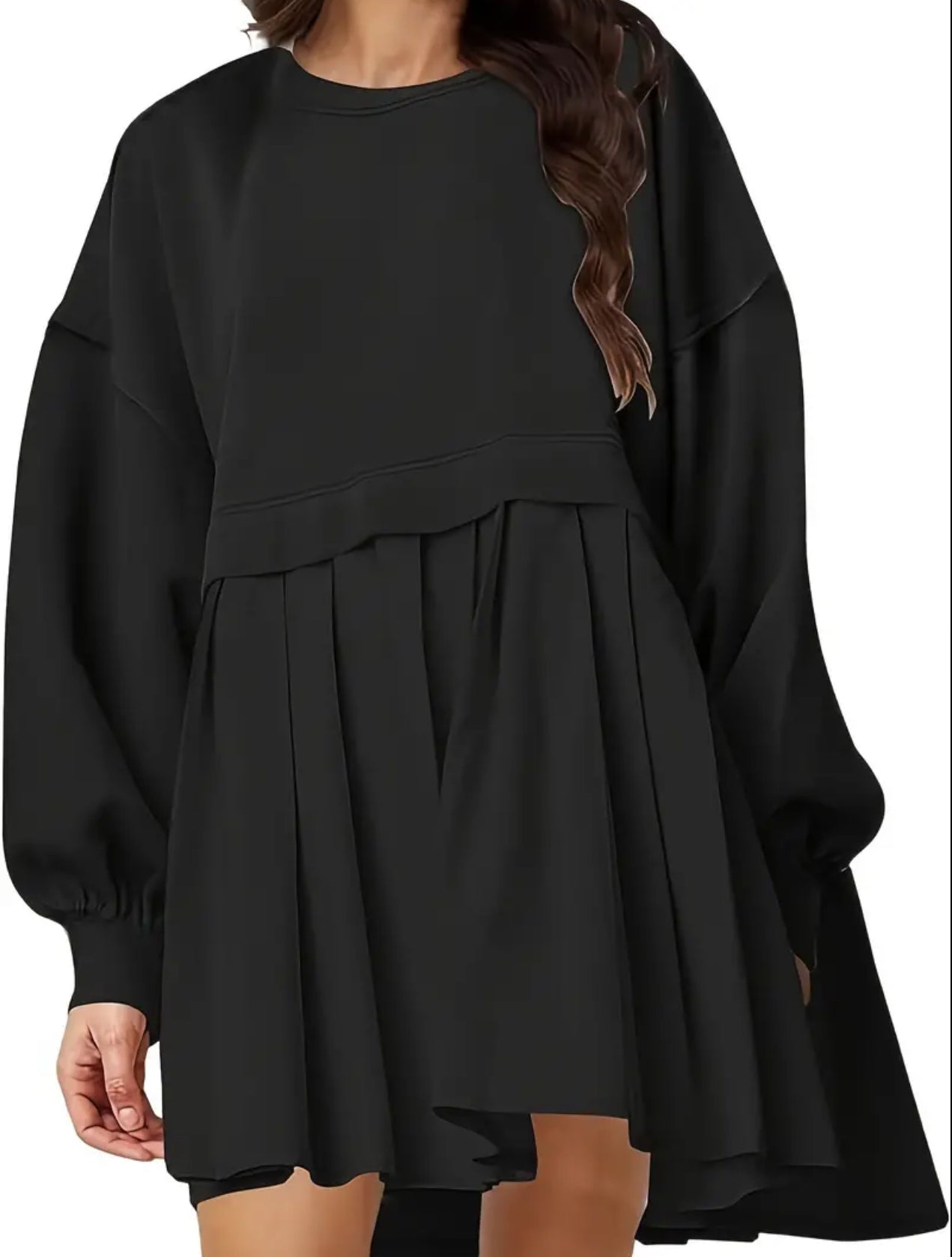 Timeless, Drop Shoulder Solid Loose, Pleated Long Sleeve Dress