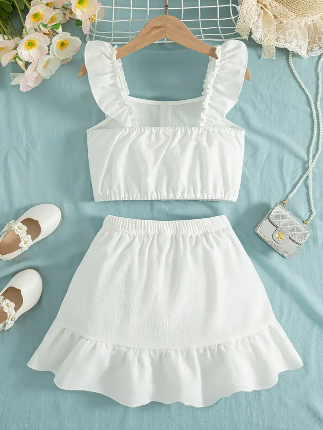 Sleeveless Ruffled Top + Faux Button Skirt Set