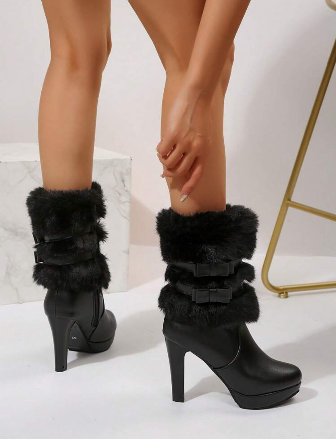 “Chic Bows” Side Zipper Elegant Boots, Mid-Calf, Pointed Toe, Slim Heels