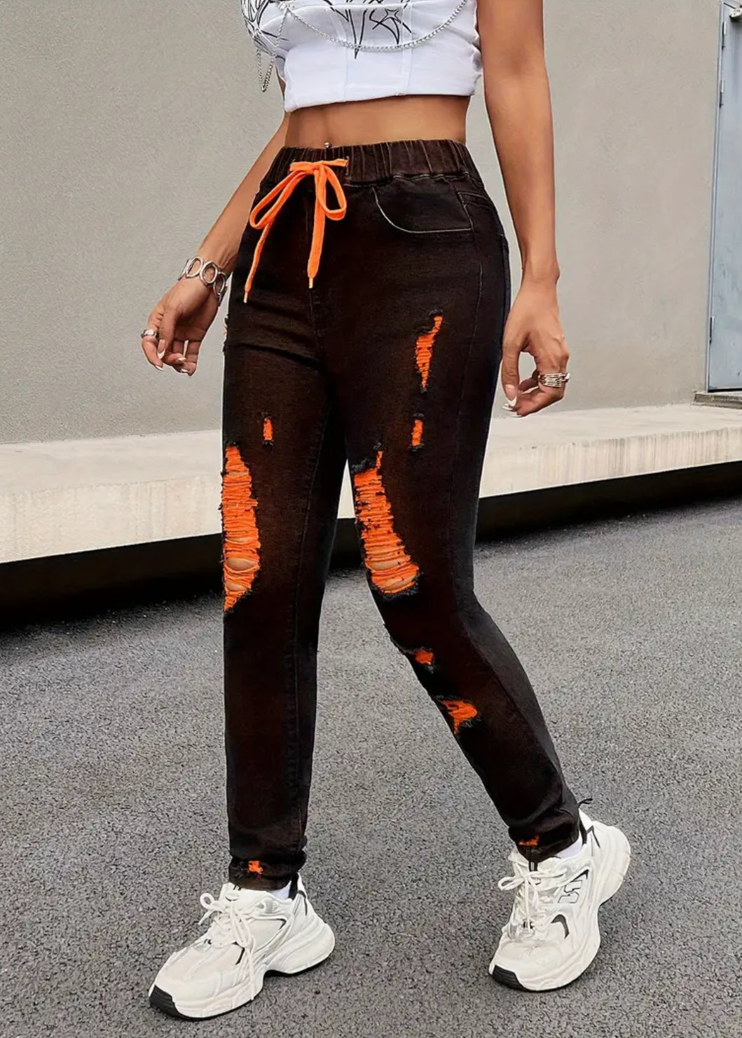 Orange Ripped Skinny Jeans High-Stretch with Adjustable Drawstring Waistband - Women's Fashion