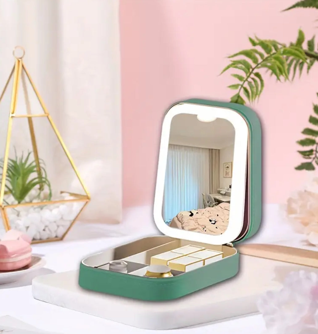 Travel LED Makeup Jewelry Organizer Case + 3 Lighting Color Options Mirror