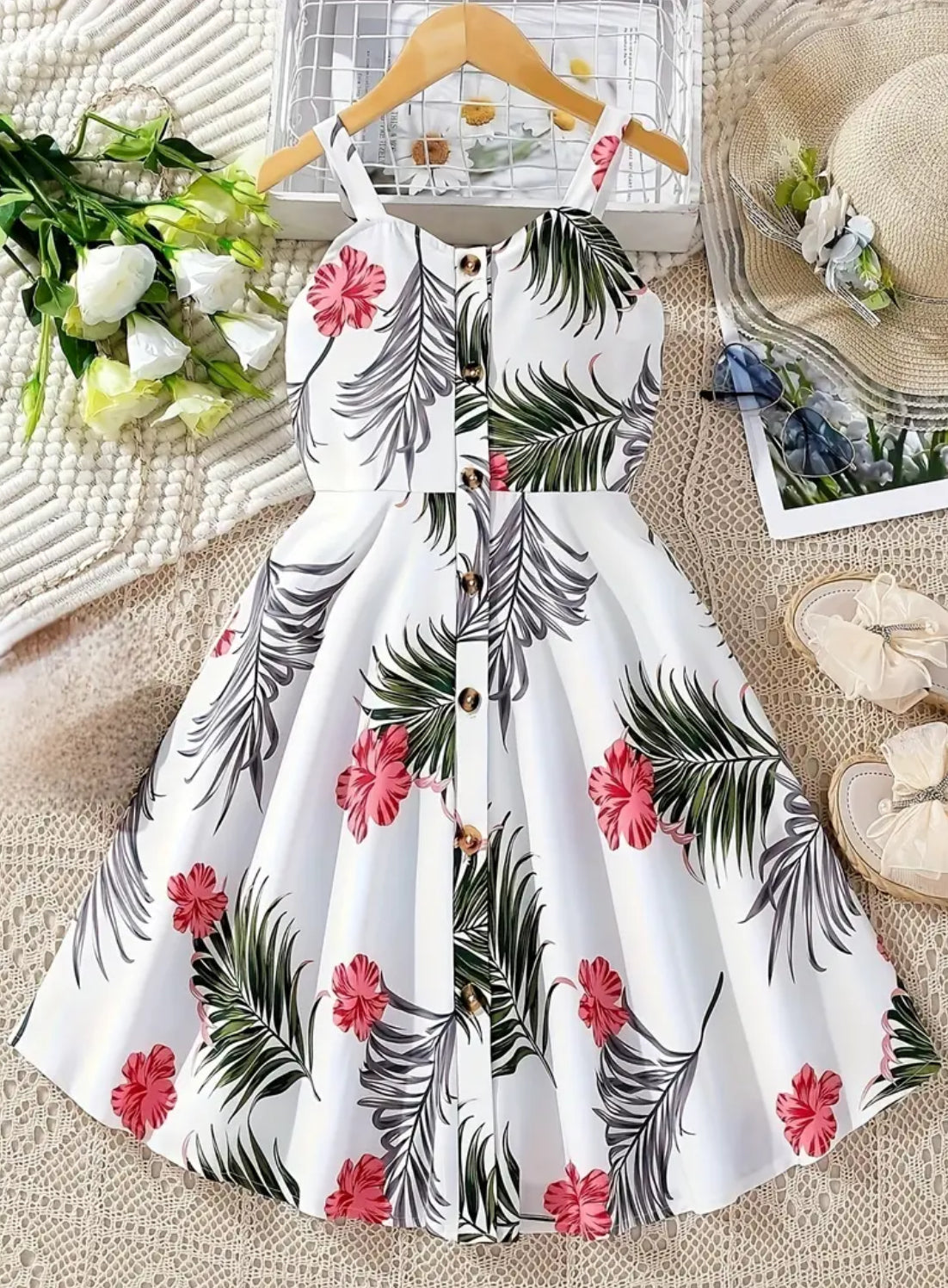 Vestido con botones al frente “Flores tropicales” para niñas