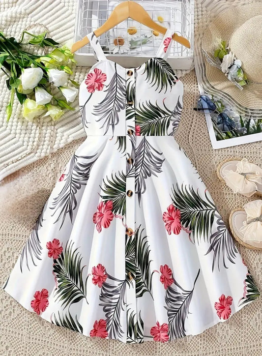 “Tropical Flowers” Button-front, Dress For Girls