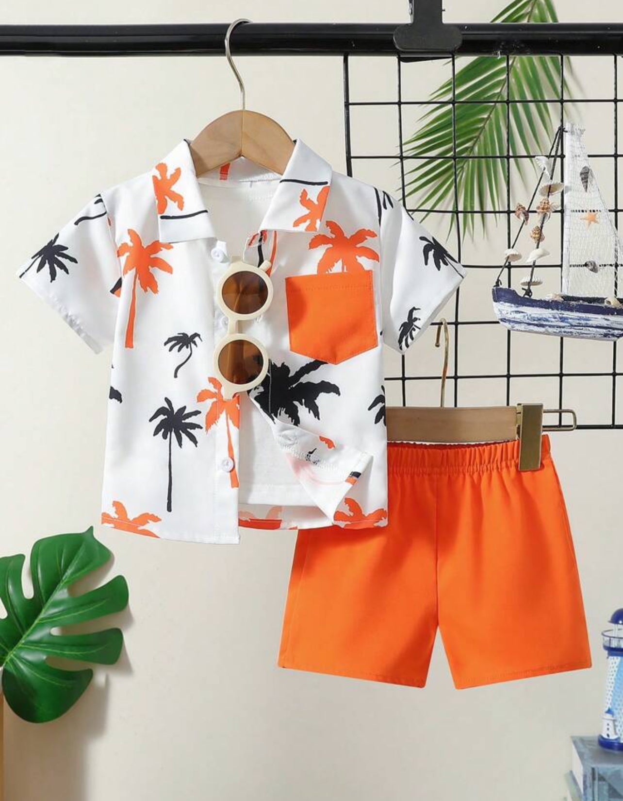 Baby Boys' Casual Coconut Tree Print Short Sleeve Shirt And Shorts Set