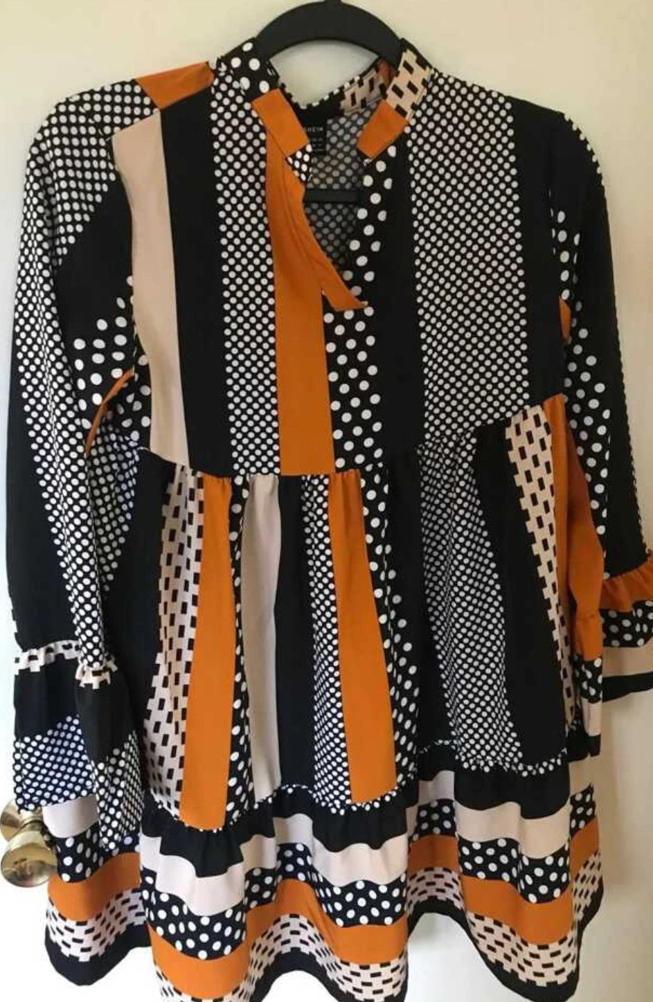 Striped & Polka Dot Print, Flounce Sleeve Ruffle Hem, Smock Dress,Up to 3XL