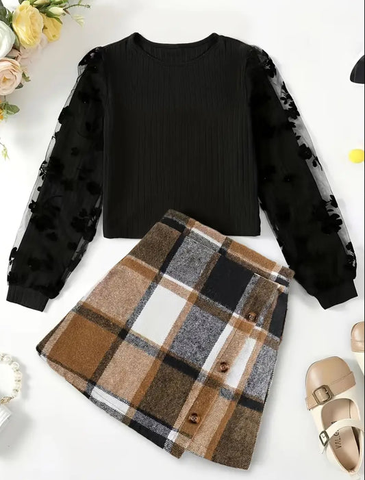 Elegant Girls 2pcs Set Solid Long Sleeve Pullover Top + Plaid Skirt Set