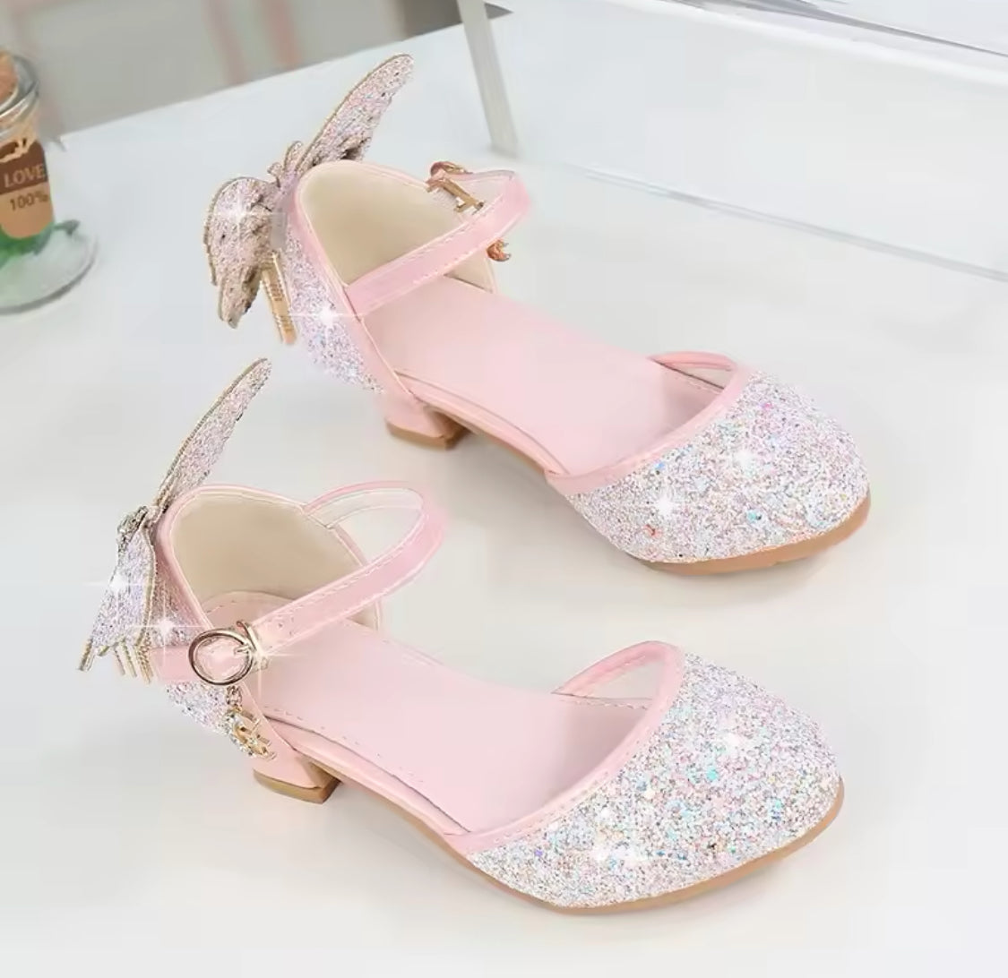 “Princess Glitter Crystal” Tassel Butterfly Knot Dress Party Children High Heel