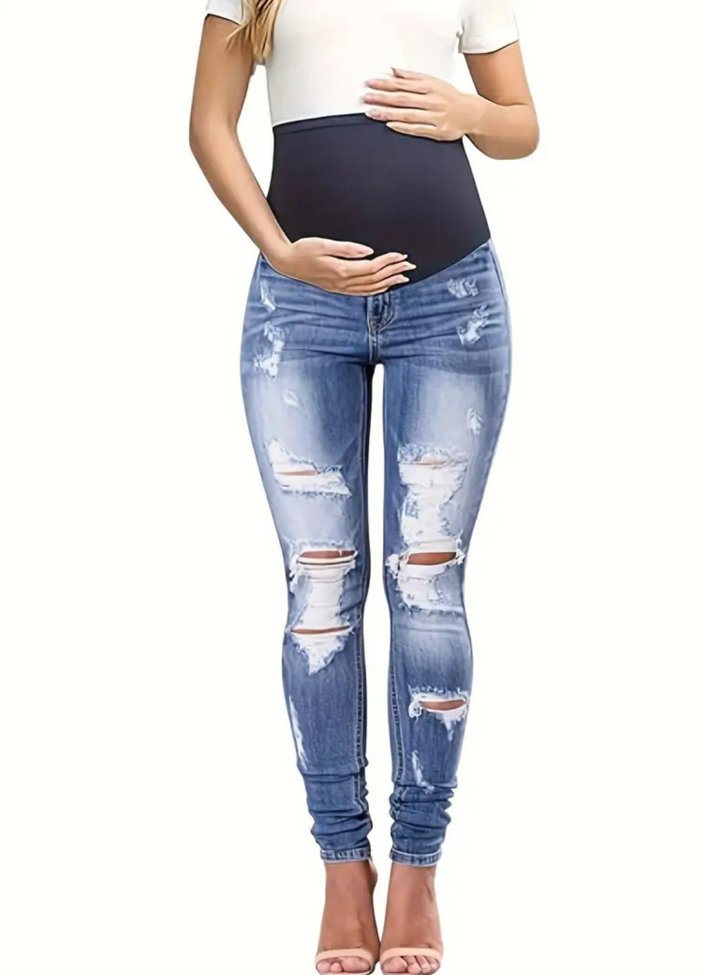 Maternity Jeans, Casual Style, Slight Stretch, Washed Solid Color, Comfortable Elastic Waistband