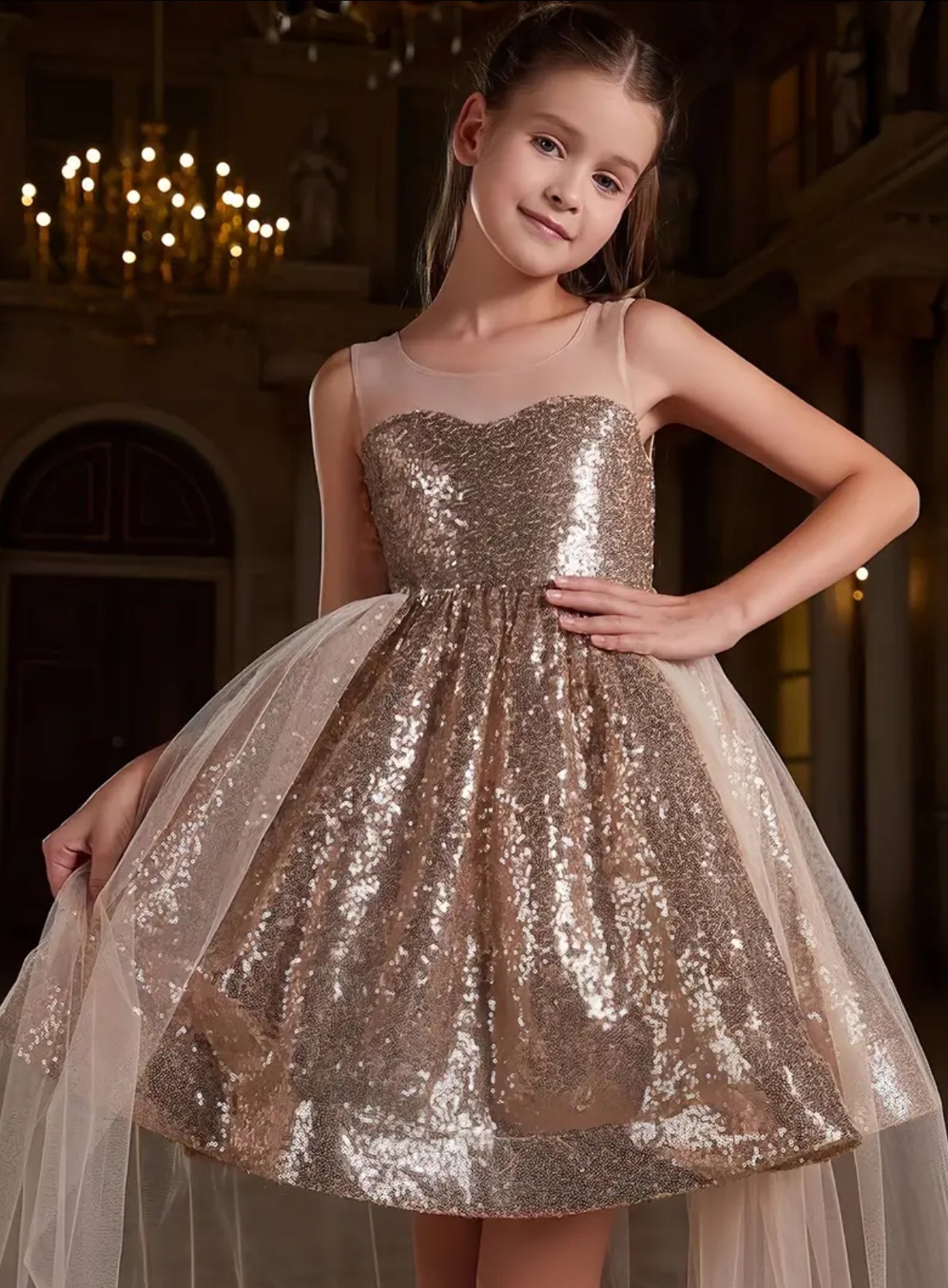 Girls' Sparkling Sequin Dress With Tulle Overlay, Long Formal Gown