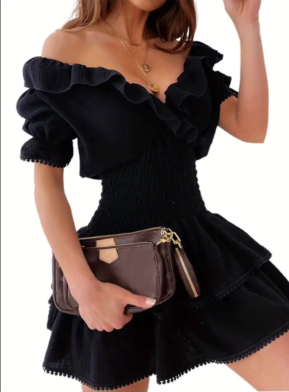 “A bit Country” Shirred High Waist, Warp V Neck, Short Puff Sleeve, Ruffle Mini Dress