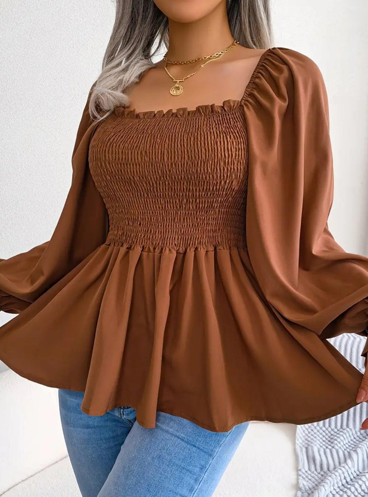 Casual Peplum Top with Lantern Sleeves