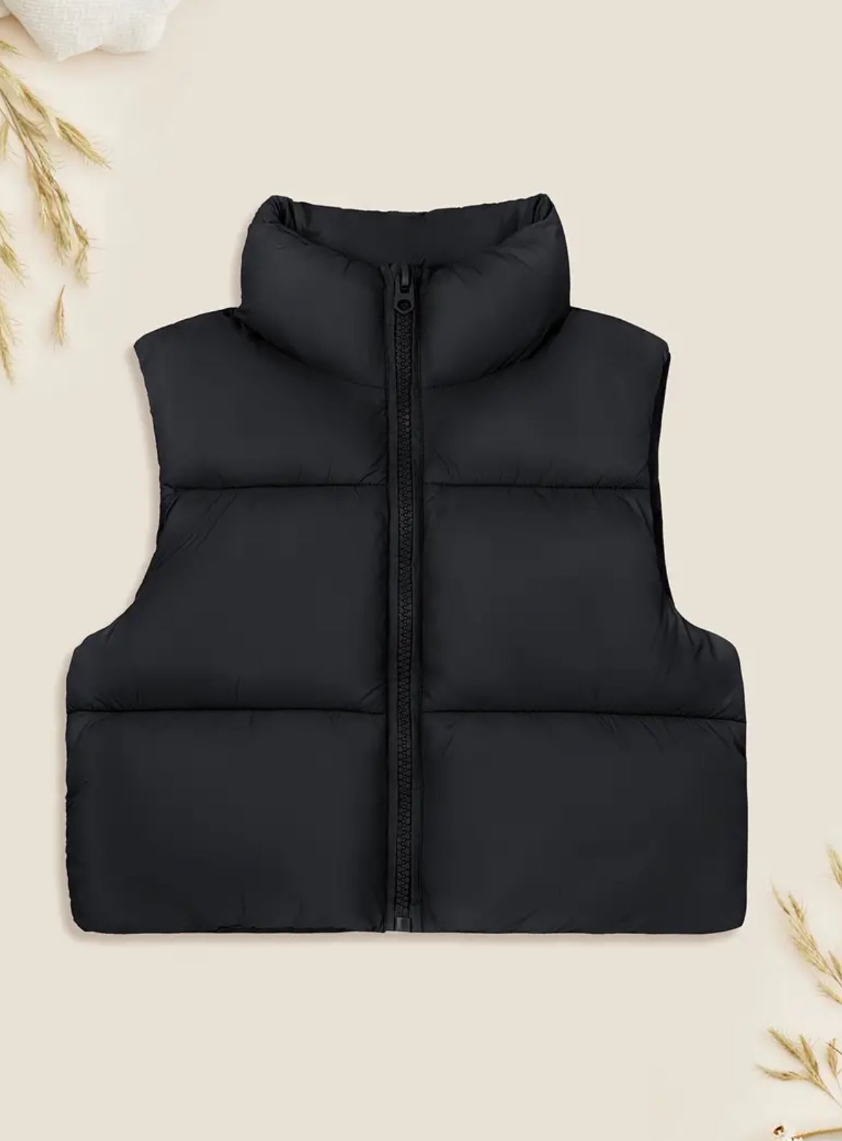 Sleeveless Puffer Jacket, Solid Colors, Zip Up Stand Collar