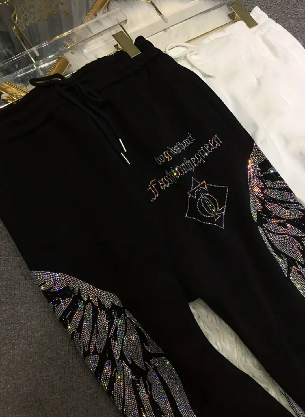 Fleece Plus Size - Rhinestones me krahë, brez elastik dhe fund me kordon me xhep - Pantallona sportive me bel të lartë, të trashë deri në 4XL