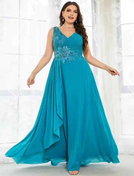 0XL-5XL “Azul Elegant Lace” Rhinestones Appliqué, Evening Long Dress