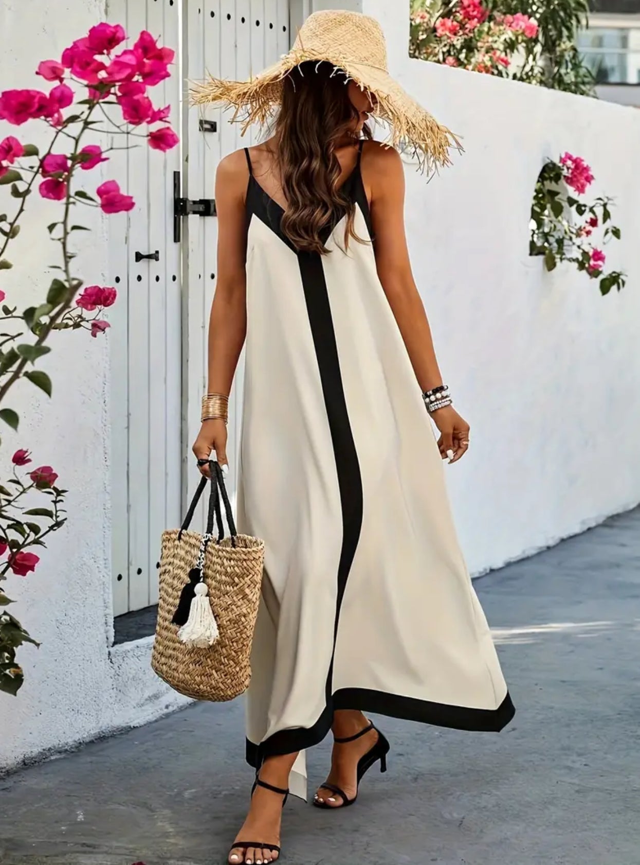 Contrast Trim Italian Cami, Elegant Sleeveless V-neck Backless Dress