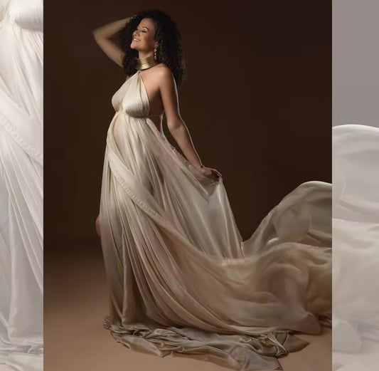 Maternity Photography Elegant White Long Dresses & Gold Leather Accessories