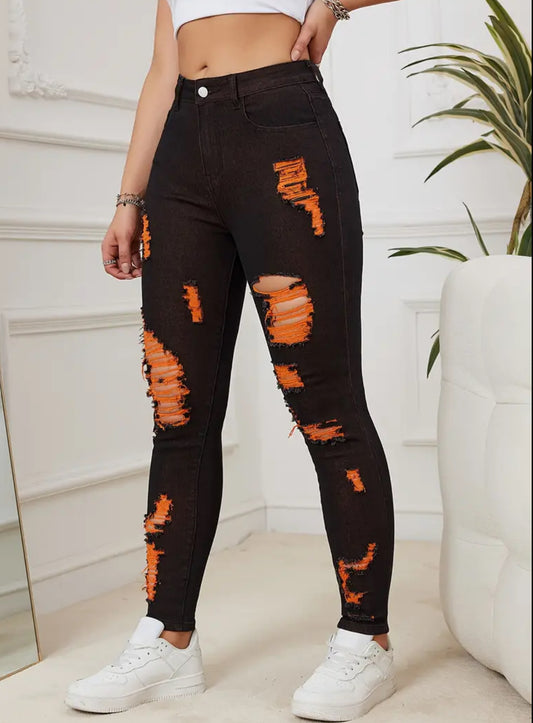 Neon Orange, Streetwear, Chic Distressed Skinny Jeans, Women’s