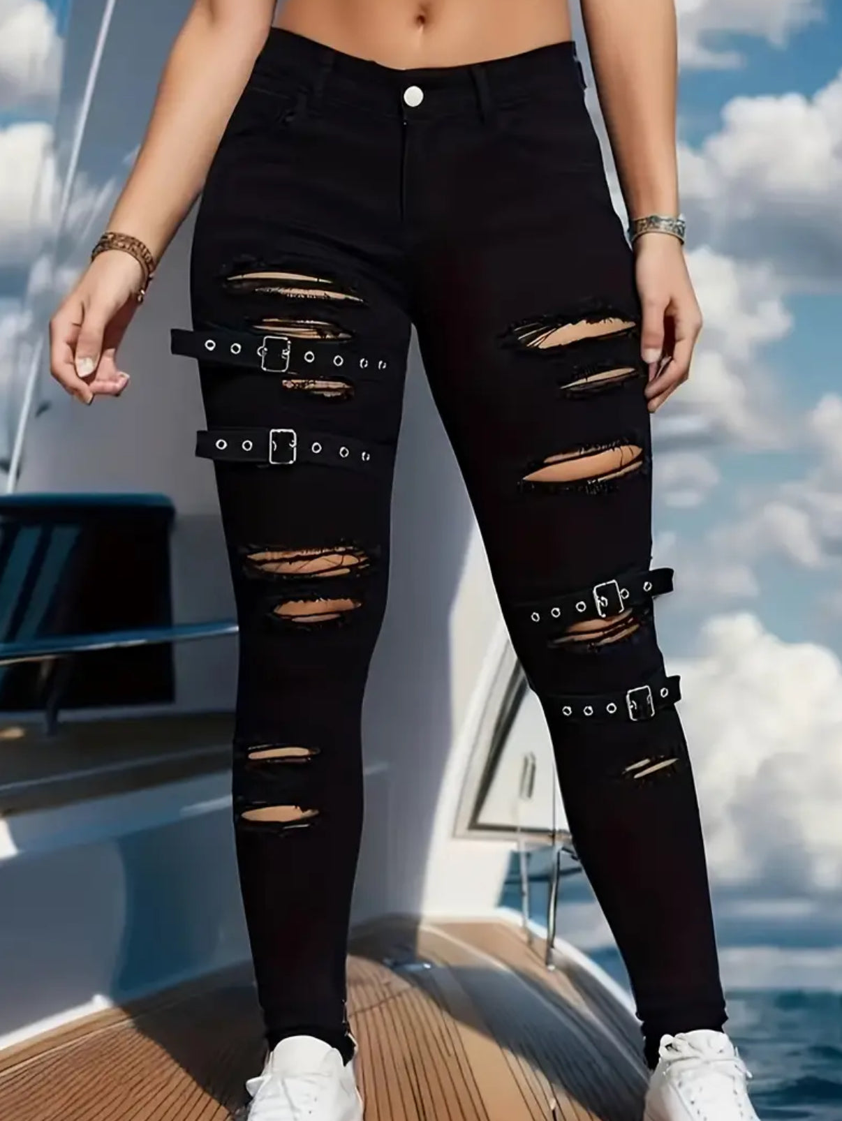 Black Color Ripped Distressed Jeans With Buckle Details, High Waist, Street Style Skinny Denim