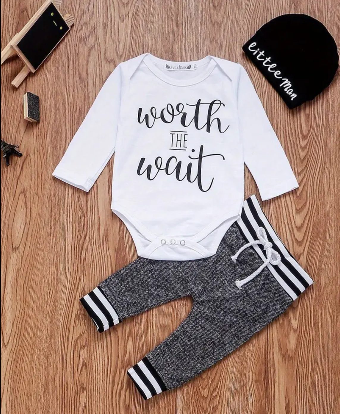 3pcs Outfit Set, Long Sleeve Envelope Neckline Romper, Elastic Band Pants + Beanie Hat