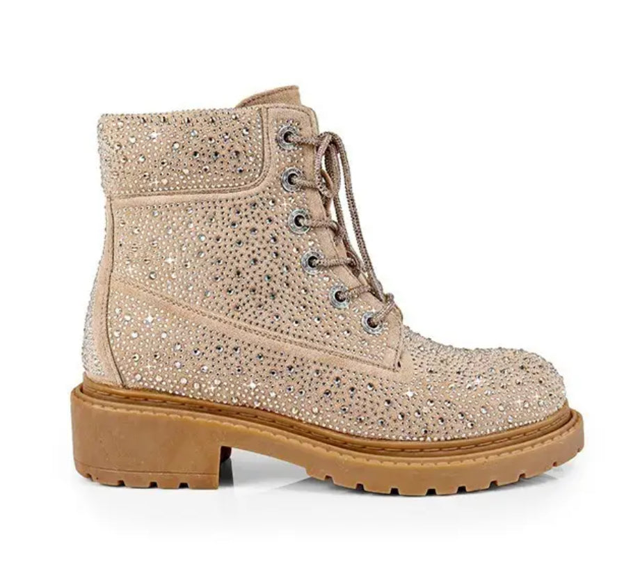 “Rhinestone Combat” Lace Up, Booties For Women