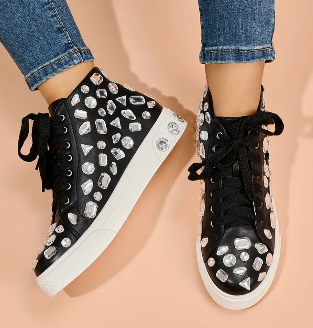 Rhinestone Decor Preppy Skate Shoes, Fashion Lace Up High Top Flat Sneakers