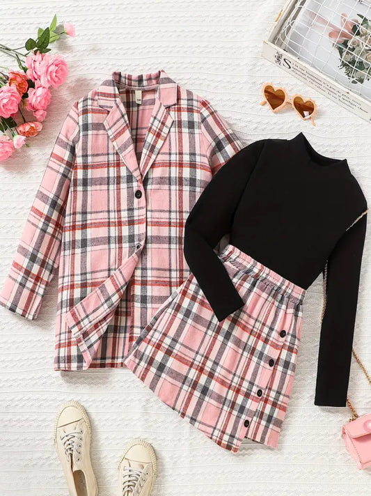 “As If” Girls Elegant Plaid Skirt Set with Lapel Collar Jacket, Long Sleeve Black Top, and Asymmetrical Knee-High Skirt