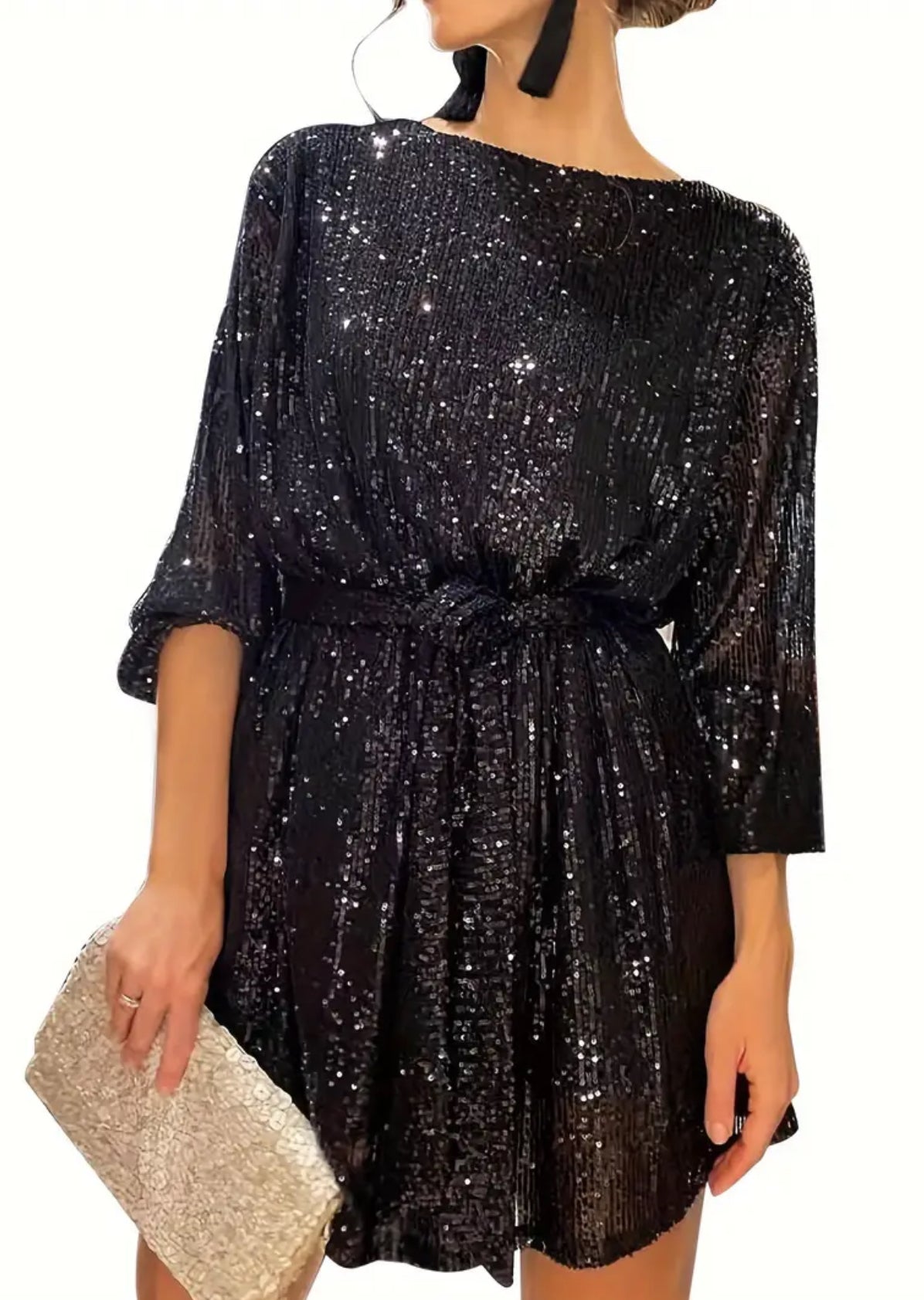 “Noir Sequin” Sparkle Long Sleeve Round Neck Short Cocktail Dress with Belt