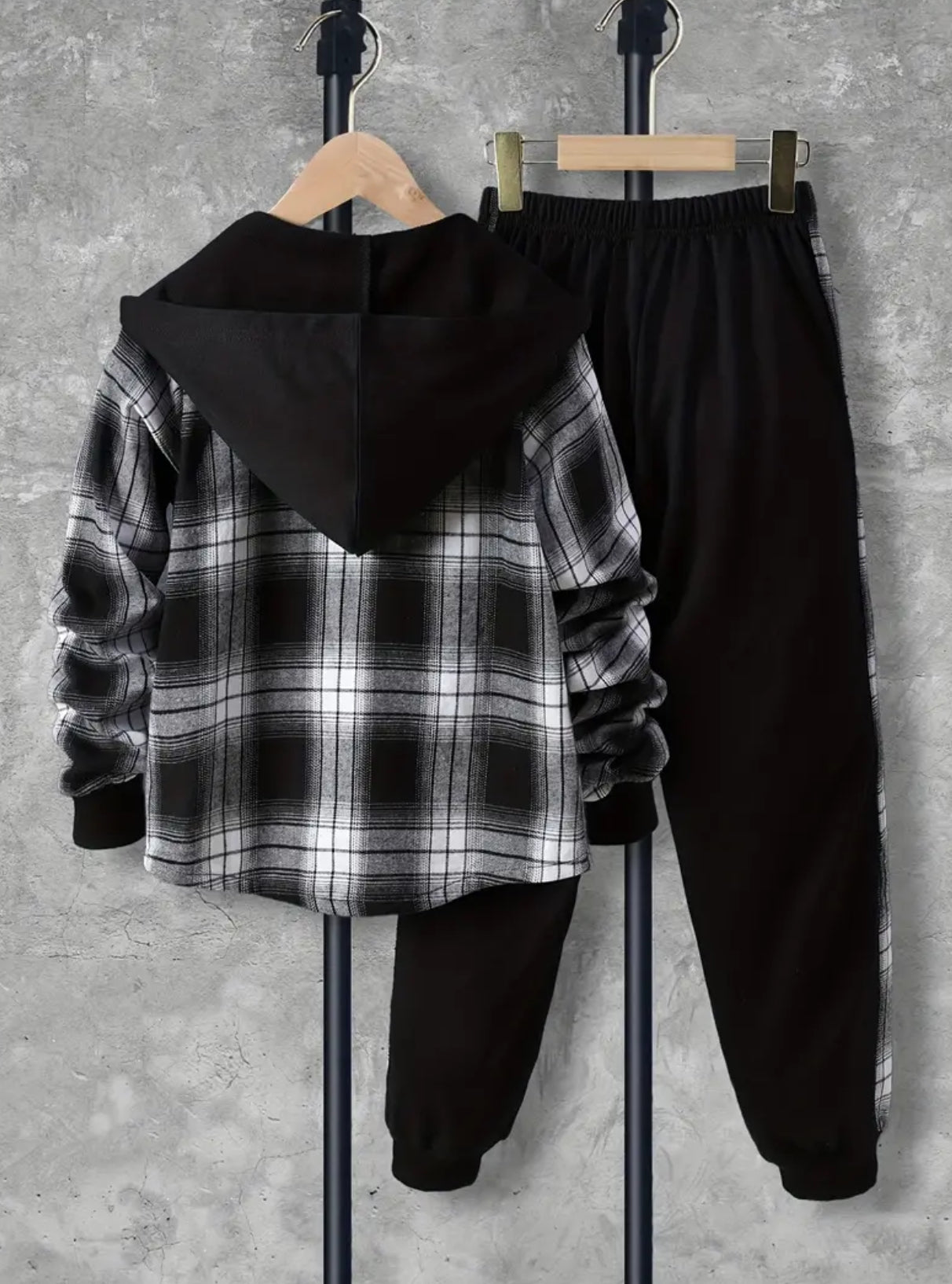 2pcs Boy's Plaid Pattern Hooded Shirt & Sweatpants Set