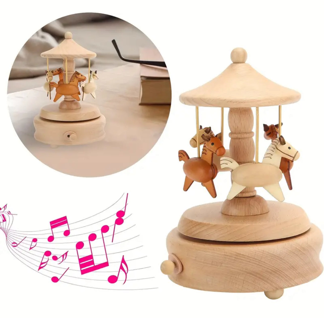 1pc Wooden Music Box, Cute Horses Rotating Carousel