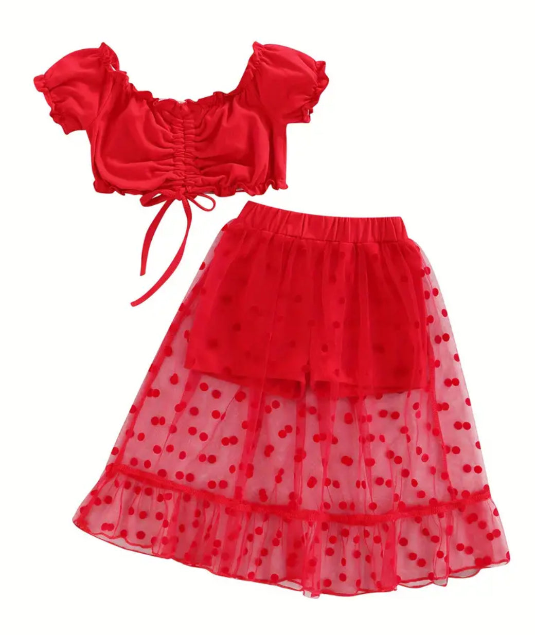 Girls Ruffle Trim Drawstring Pleated Short Sleeve Tops + Mesh Shorts Skirt