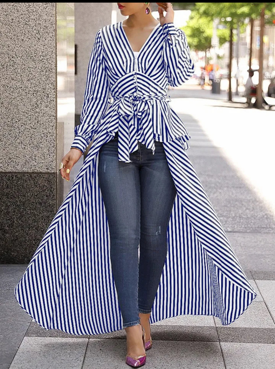 Casual Fashion Bosses, Women Stripe, Long Sleeve V-Neck Blouse