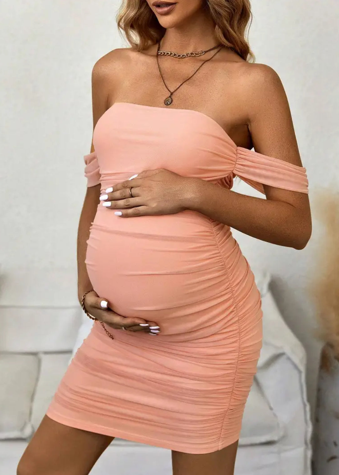 Peach, Women's Maternity Off Shoulder Ruched Dress With Tulle Overlay,