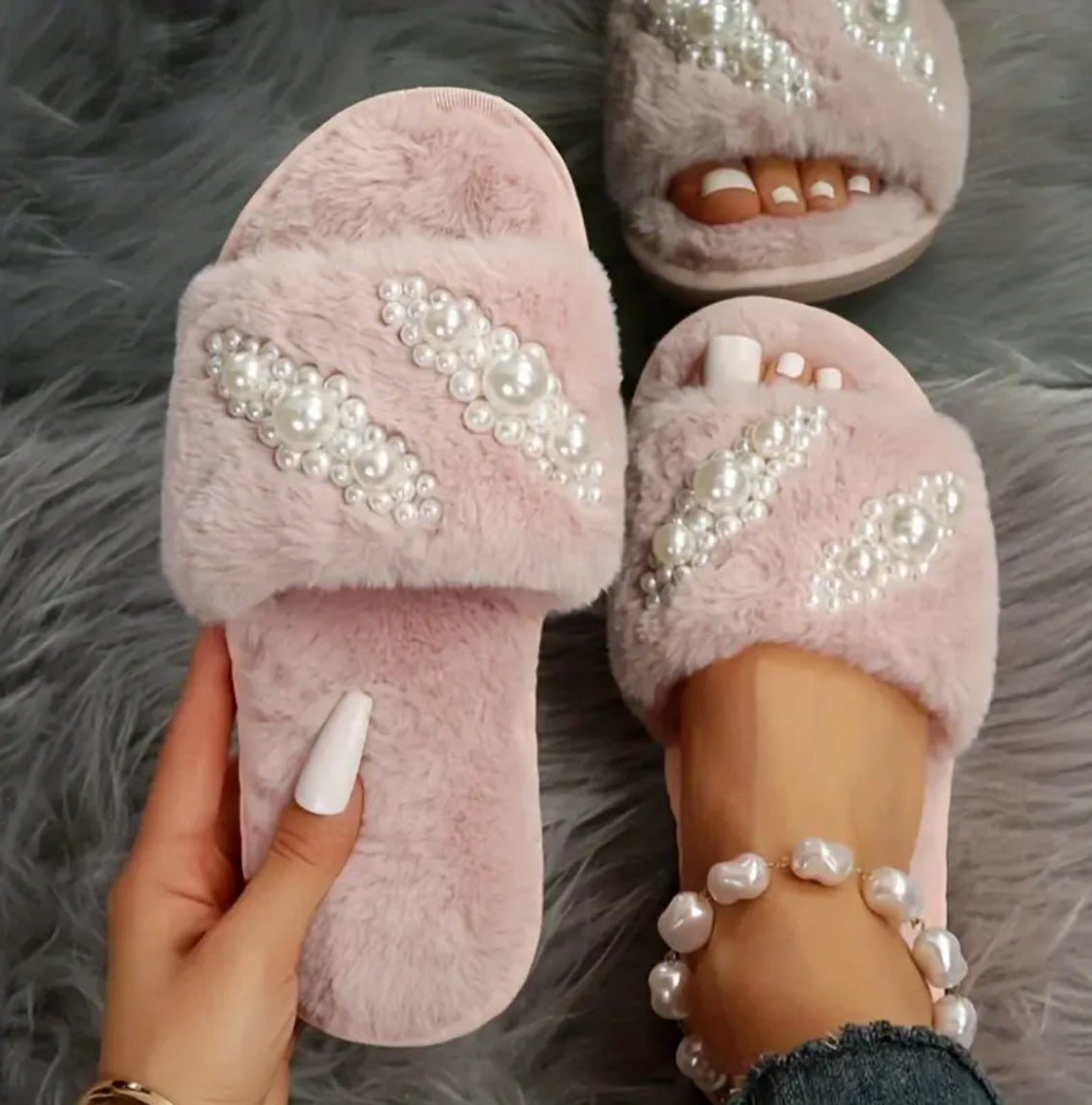 Winter Plush Comfort Slippers - Faux Pearl Accents