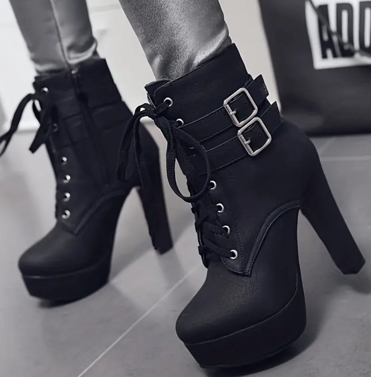 Stiletto Heel Boots with Stable Block Base - Secure Buckle Ankle Strap - Lace Up