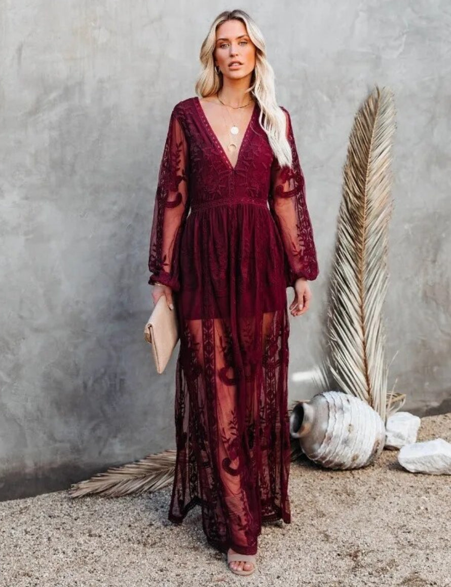 Goddess, Boho Lace Tulle Maxi Dress