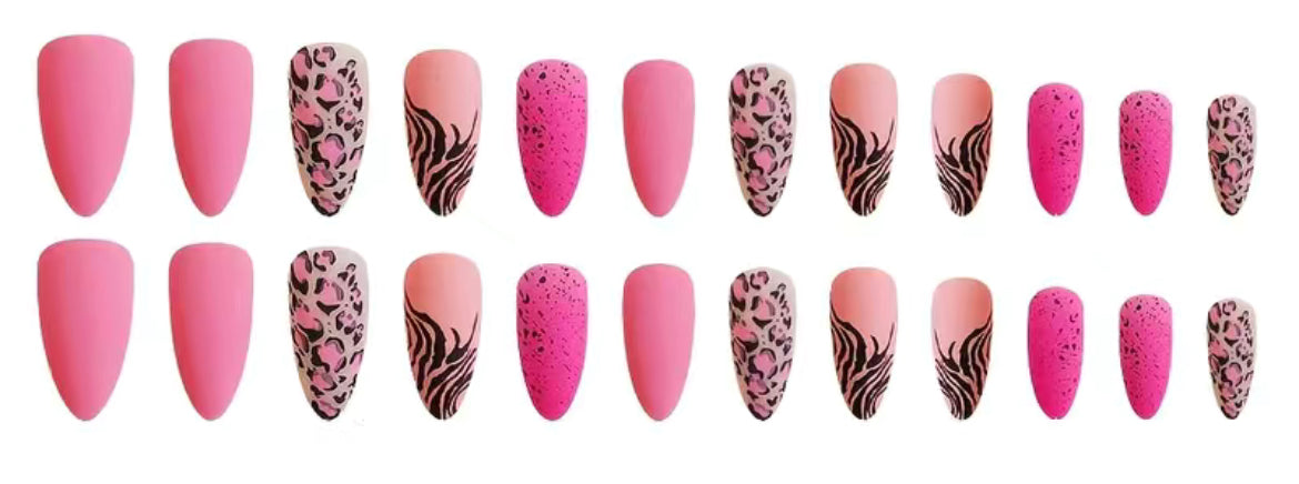 Matte Stiletto Press On Nails with Zebra Leopard Print Design - Full Cover Acrylic False Nails for Women and Girls - Hot Pink Color