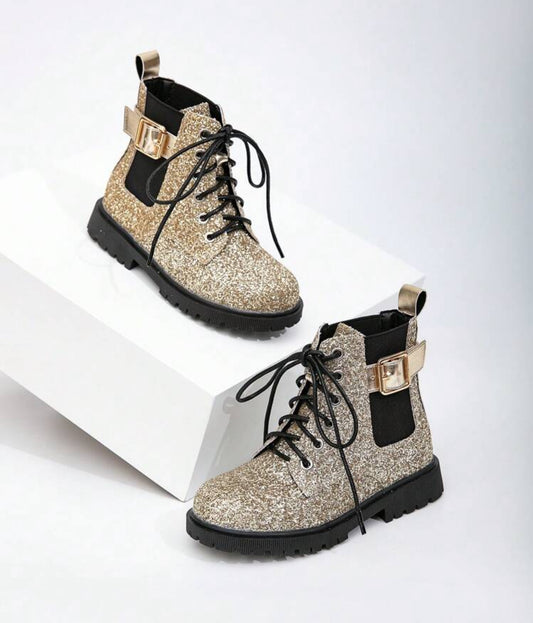 Girls Gold, Motorcycle Ankle Boots, Glitter Lace- Up Side Zipper