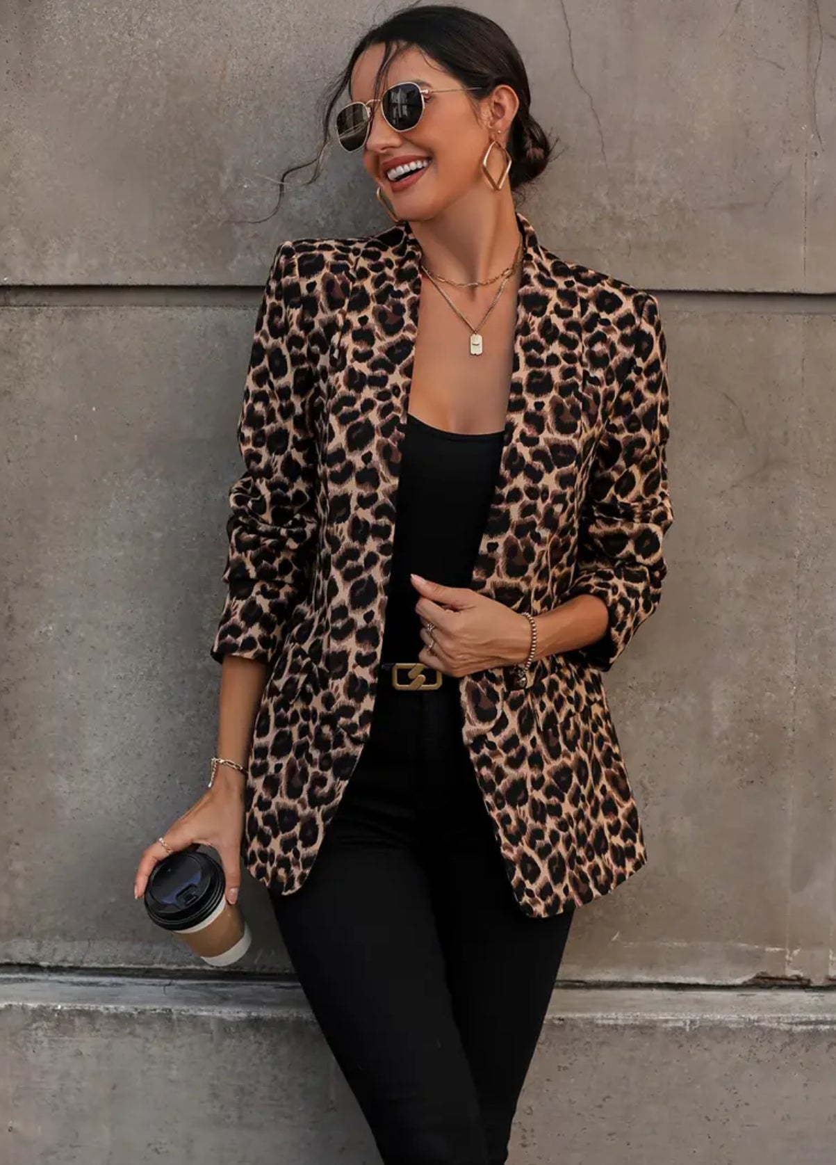 Blazer elegante de manga larga con solapa y frente abierto con estampado de leopardo