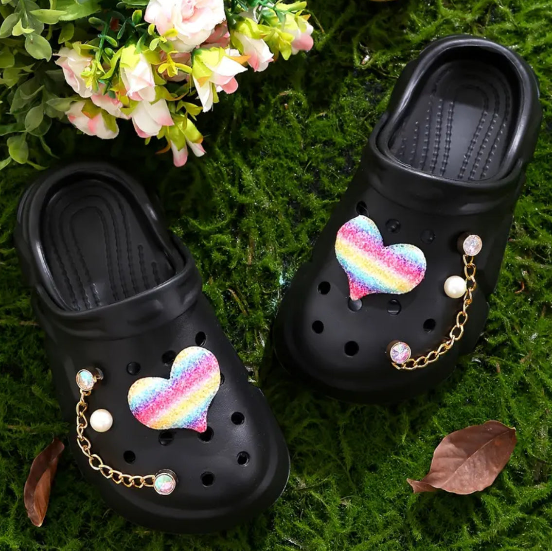 Girls Clogs with Heart Sequin Chain Decor, Water & Slip Resistant