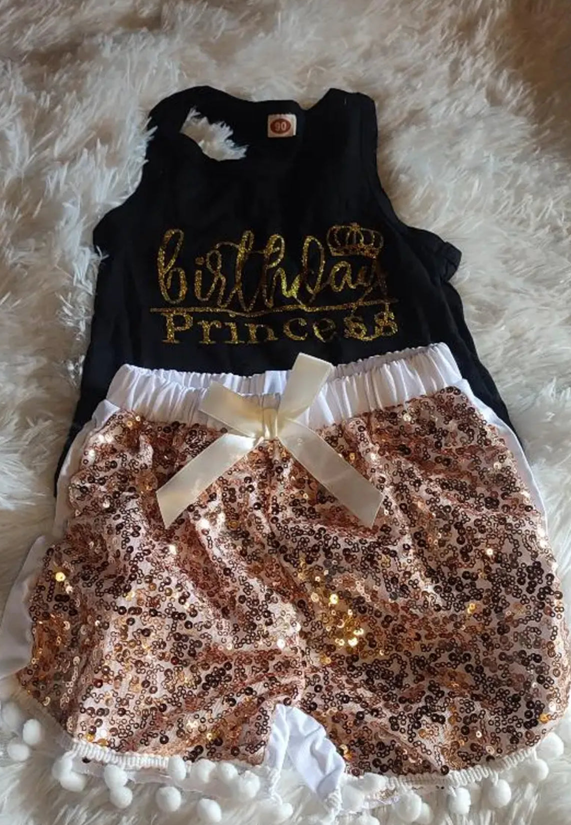 2pcs Girls ''Birthday Princess'' Print Tank Top & Sequin Shorts Set