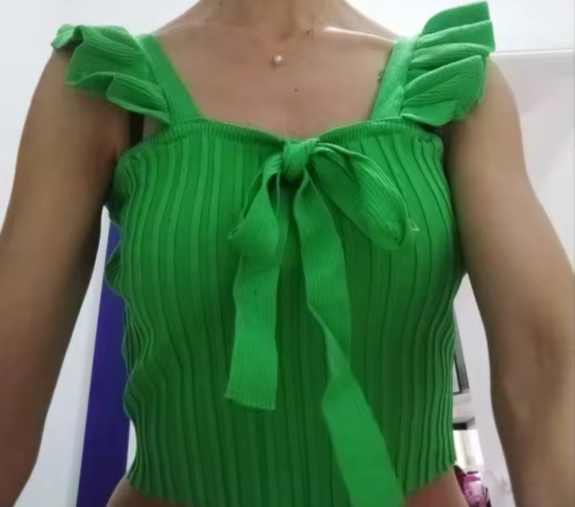 Gruaja me kravatë, e përparme e punuar me shtiza Crop Top me mëngë elegante Flutter Slim pa shpinë