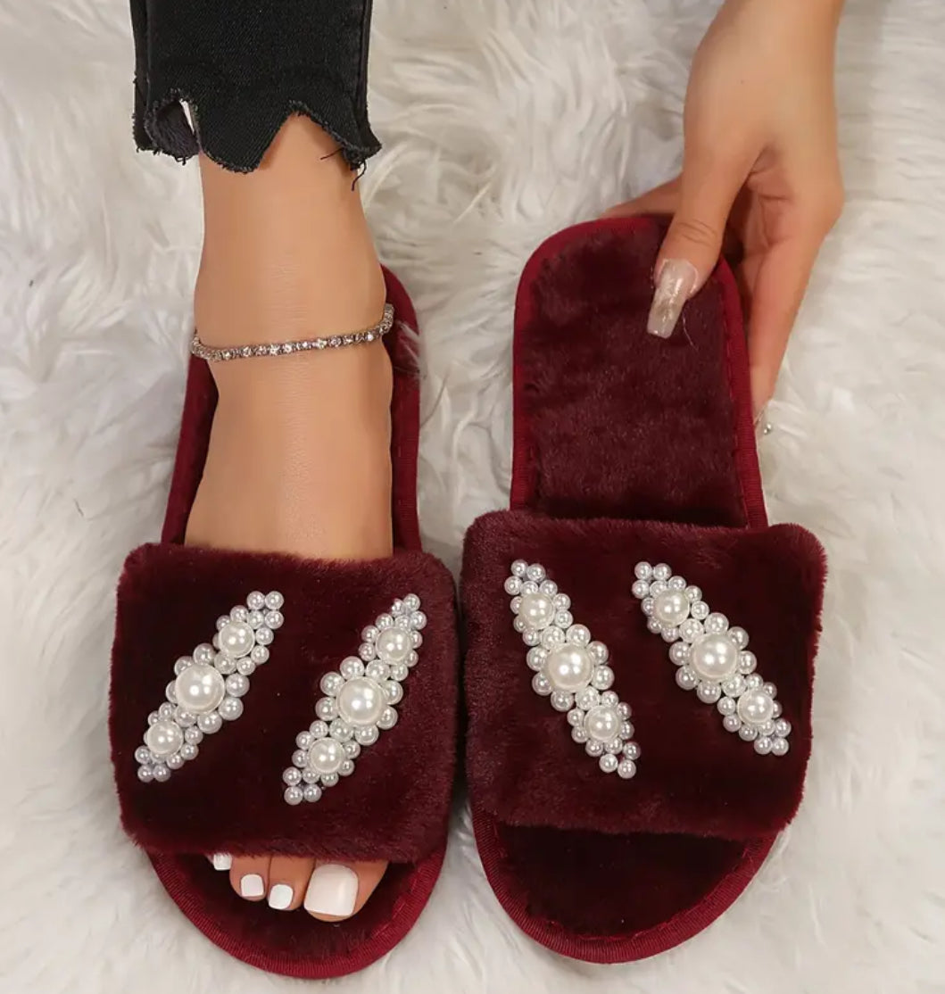 Winter Plush Comfort Slippers - Faux Pearl Accents