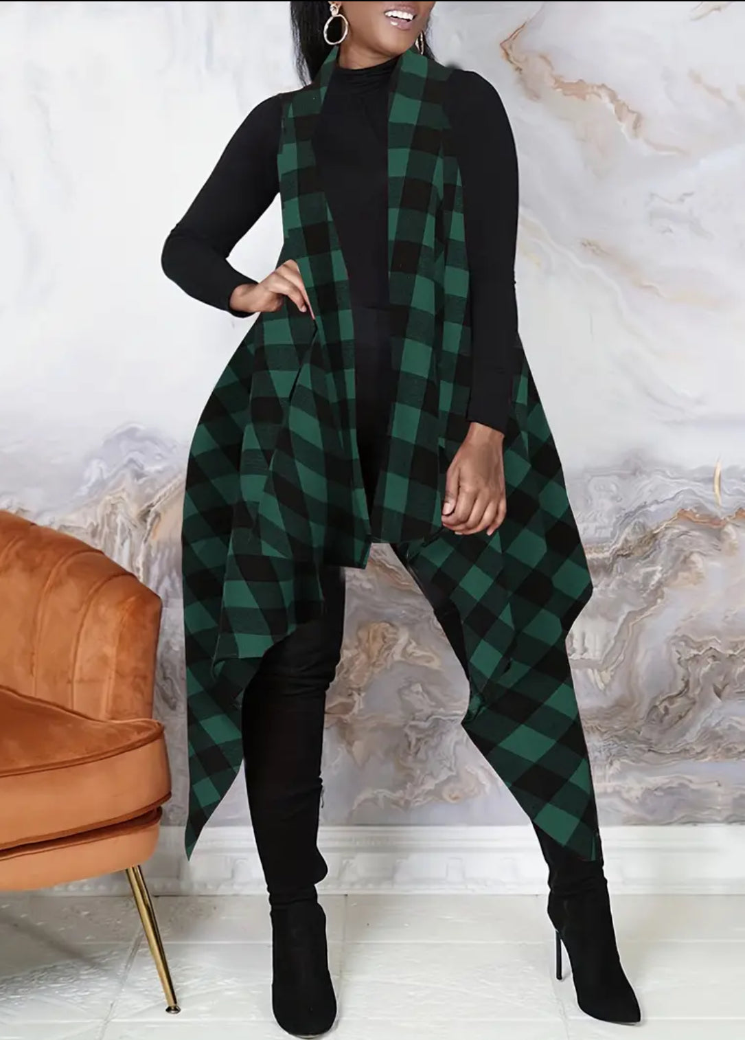 “Fall 🍂🍁” Plaid Open Front Asymmetric Hem, Long Sleeveless Cardigan Coat Vest