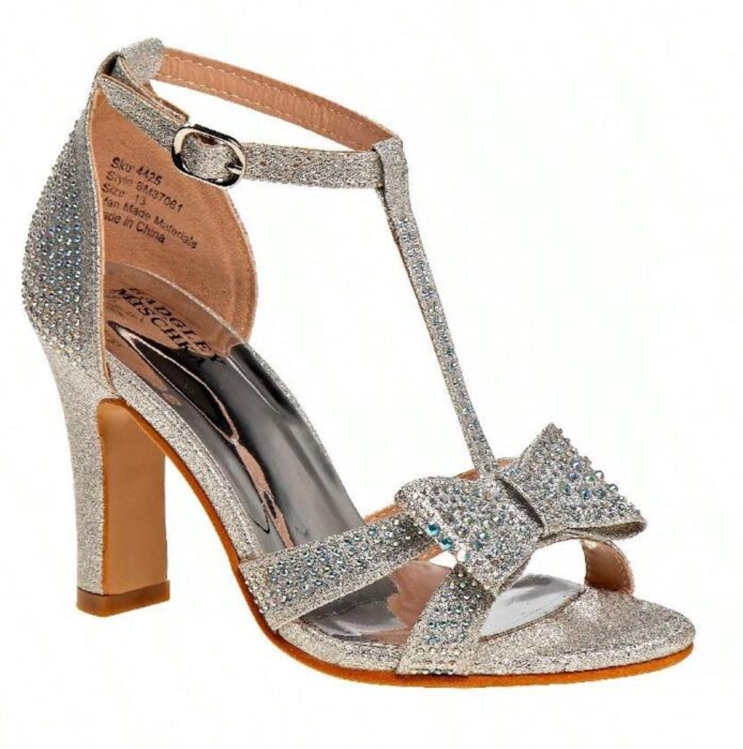 “Silver Brites” Heel Dress Sandals, Youth