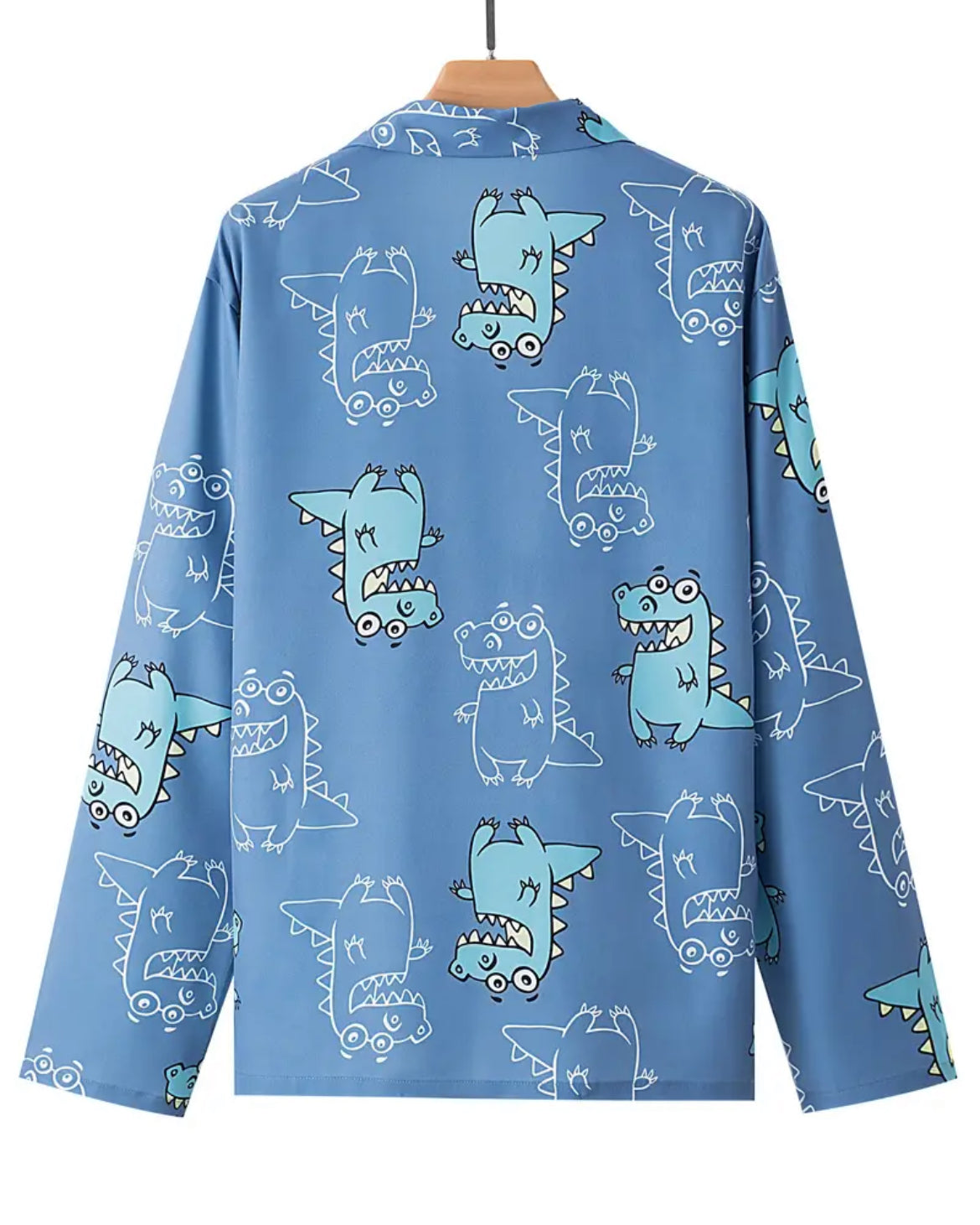 Men's Casual Cartoon Dino Pajamas Sets, Long Sleeve Lapel Neck Shirt & Elastic Waist Loose Pants Lounge Wear, Sugar 🎩 Daddy Collection