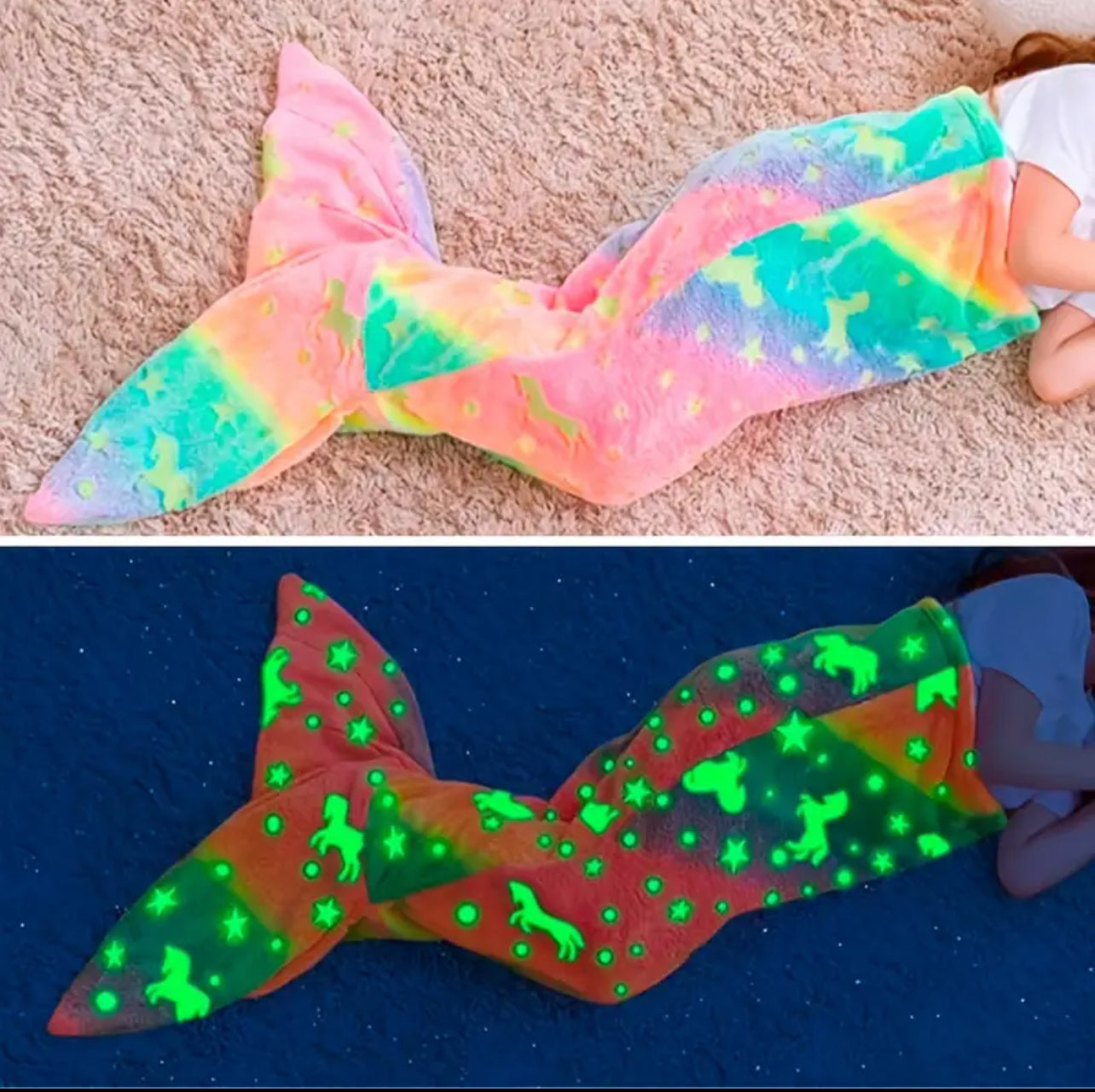 Mermaid Starry Night Light Sleeping Bag, Flannel Light-up Blanket, Rainbow Mermaid Blanket